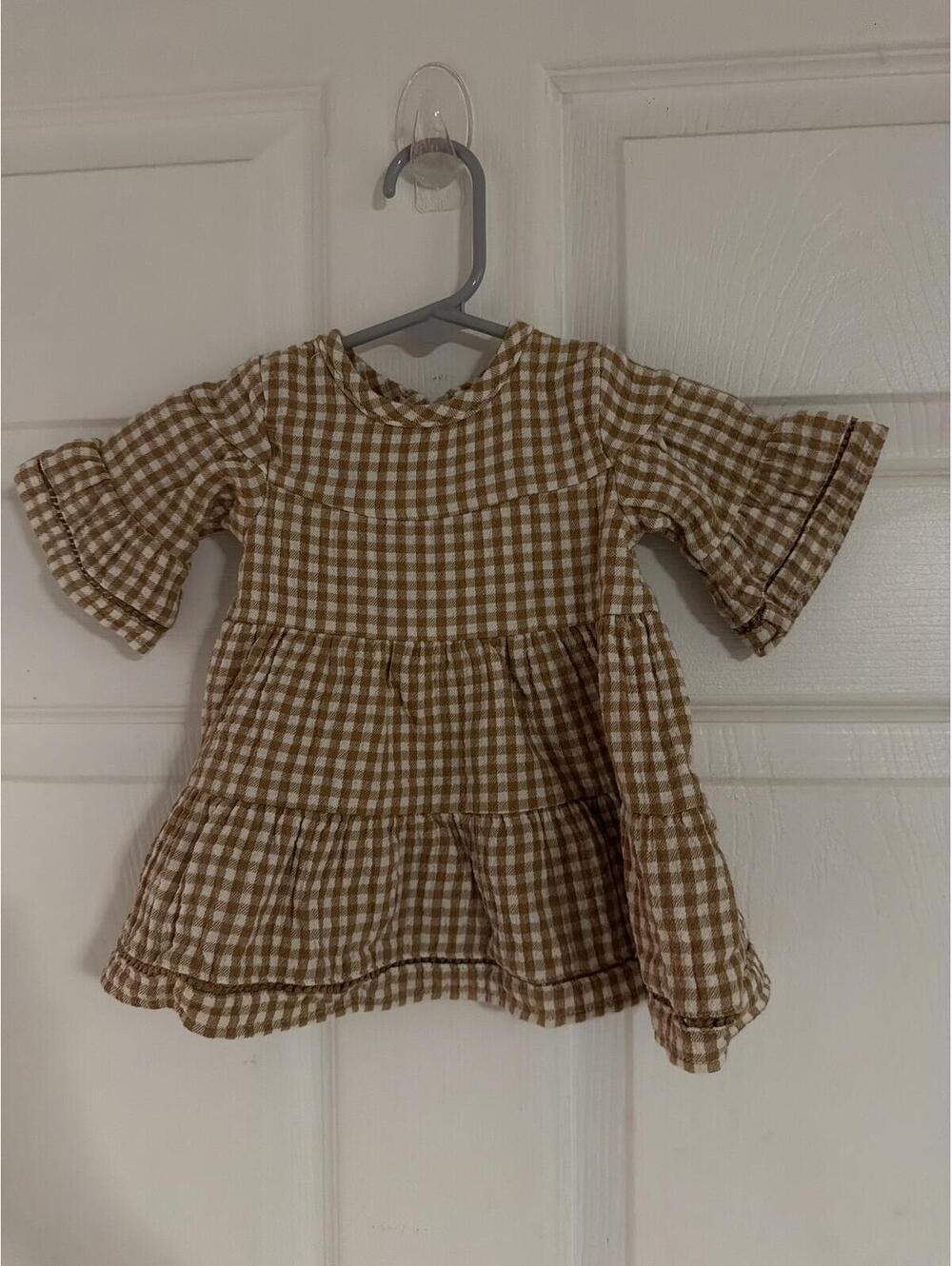 Infant Brown and White Gingham Dress with Ruffled Sleeves